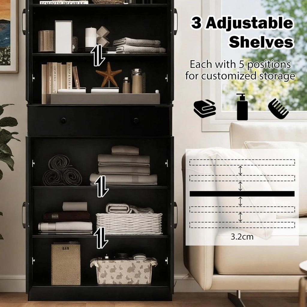 Credenza Alta da Cucina in Legno, 2 Armadi con Ante e 1 Cassetto, Mobile Buffet con 3 Ripiani Regolabili, Mobiletto Multiuso per Soggiorno, Sala da Pranzo, 77x39x183cm(In 2 Pacchi) (Nero)