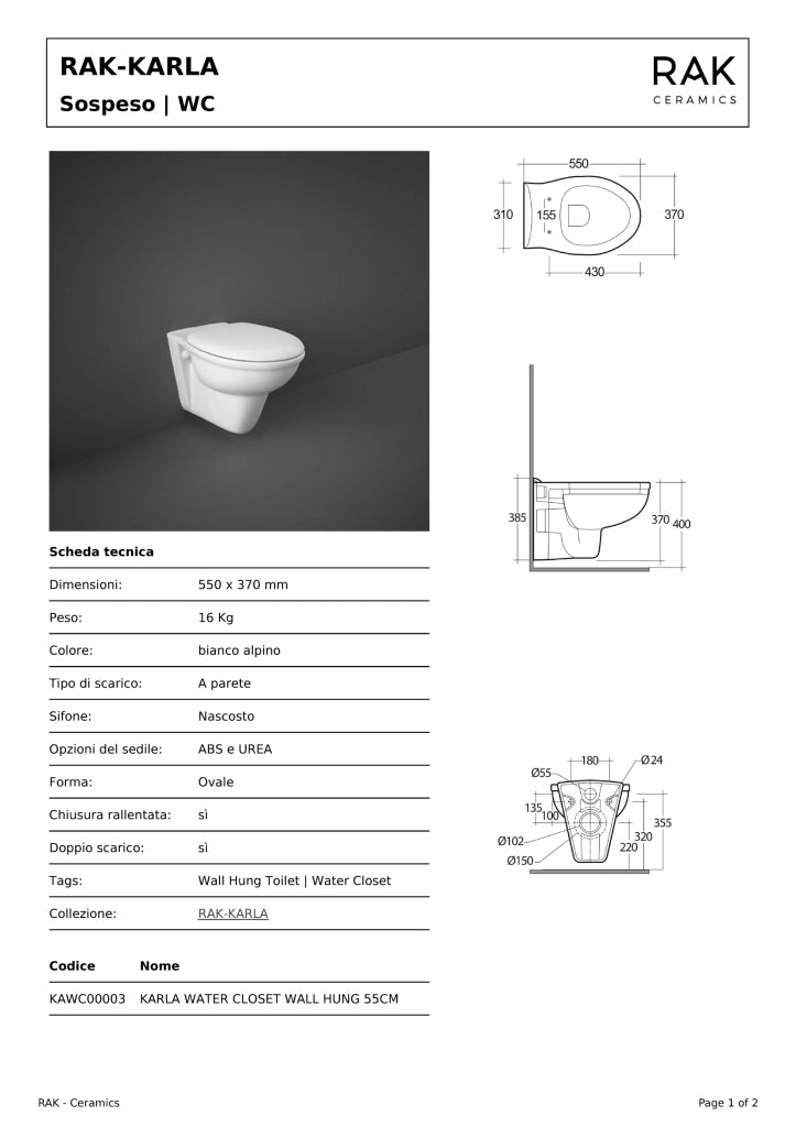 Vaso sospeso Karla rak ceramics 55x37x37 cm a parete bianco ovale 55x37x37