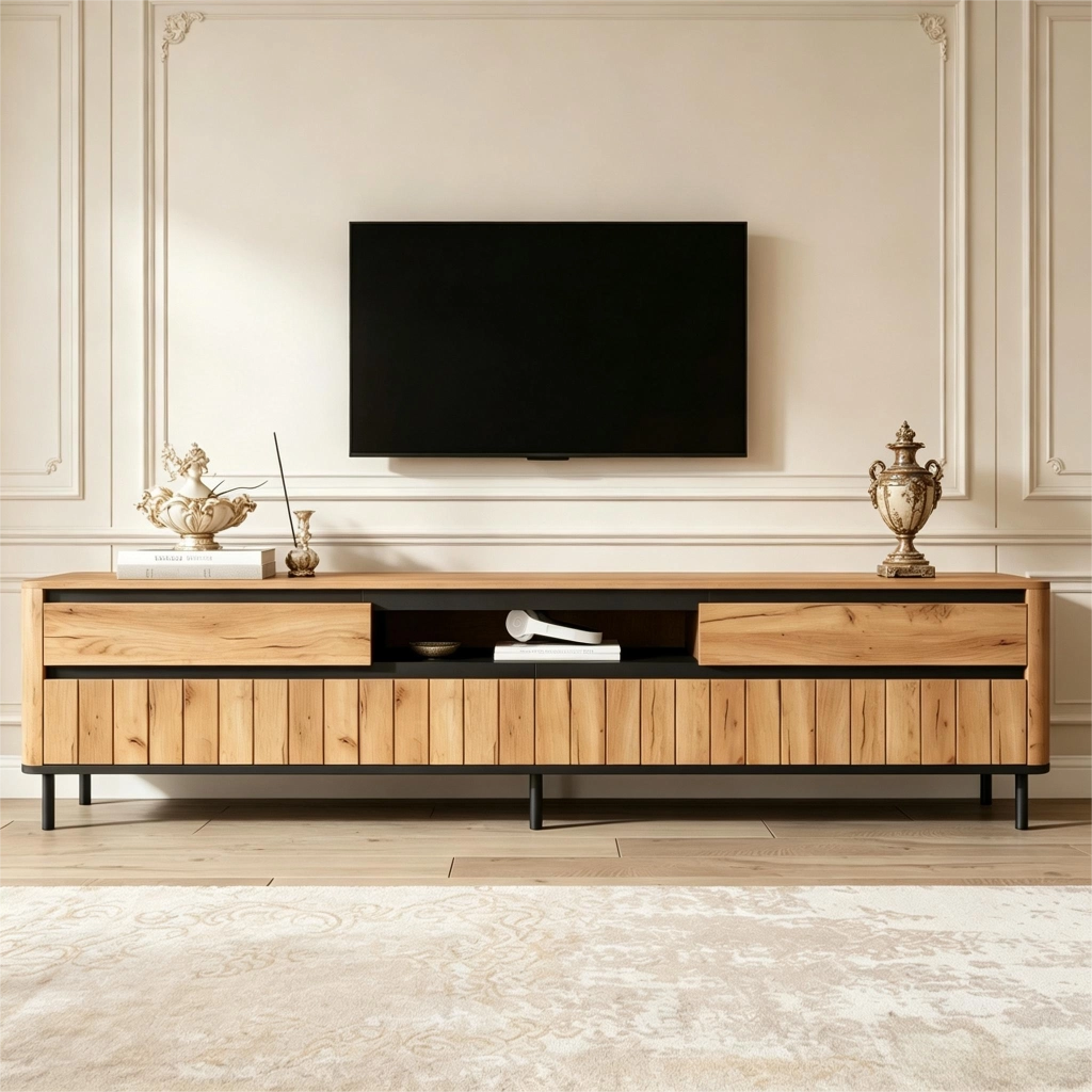 Mobile TV moderno 180x40x52 cm con 2 cassetti, 2 ante a ribalta e vano aperto, finitura rovere e nero