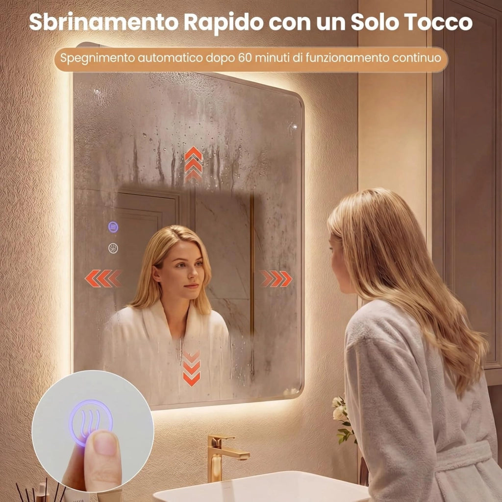 Specchio da Bagno LED 70 x 50 Cm, Vetro Temperato Anti-Esplosione, Specchio da Parete Retroilluminato Dimmerabile con Luci a 3 Colori e Antiappannamento, per Lavabo (70 x 50 x 3 cm)