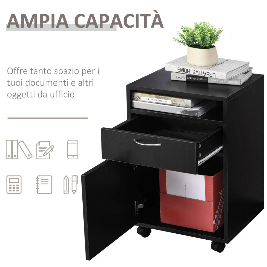 EasyComfort Schedario da Ufficio con Cassetto, Armadietto, Ruote a Freno e Ripiano Aperto, Cassettiera Ufficio per Lettera/Legale/Formato A4, Armadio Verticale per Studio, 40x35x60 cm, Nero