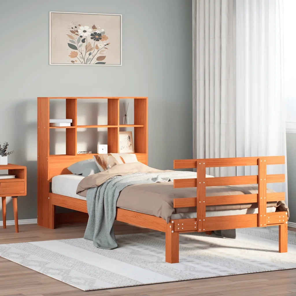 Letto Libreria senza Materasso-Struttura Letto con contenitore Marrone Cera 100x200 cm in Pino 530965