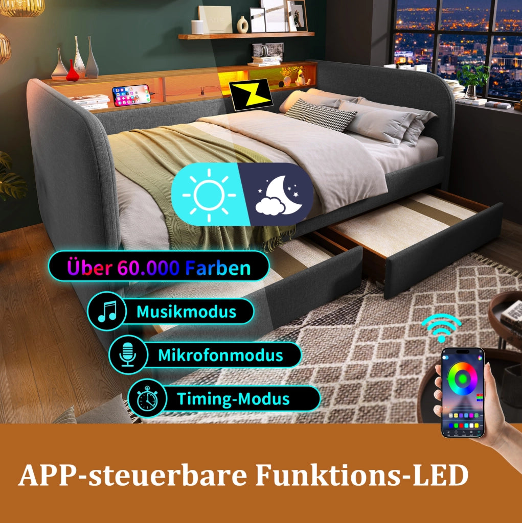 Letto imbottito 140x190 cm con LED, USB-C e 2 cassetti