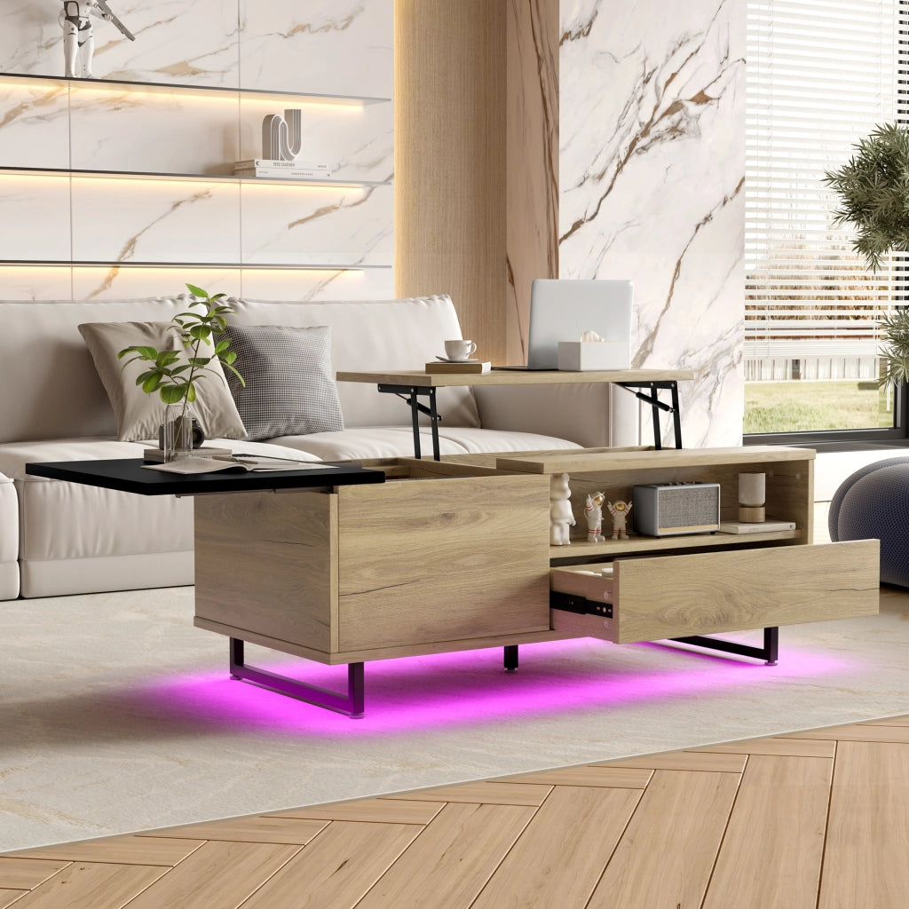Tavolino basso sollevabile con cassetto e vani aperti, in legno ingegnerizzato e metallo, natural, 103.5 × 50 × 27.5 cm