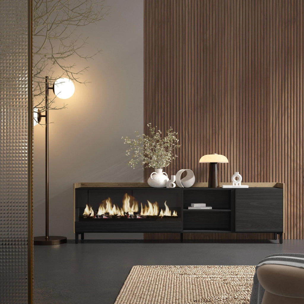 Mobile TV Soggiorno, 212x61x35 cm, Per TV fino a 80", Camino elettrico XXL, Design industriale, Nero e rovere
