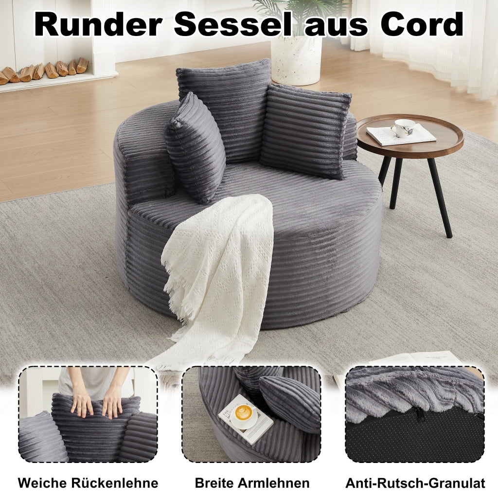 Poltrona lounge rotonda con braccioli larghi e 3 cuscini design minimalista in velluto a coste grigio 116 × 34 × 31 cm