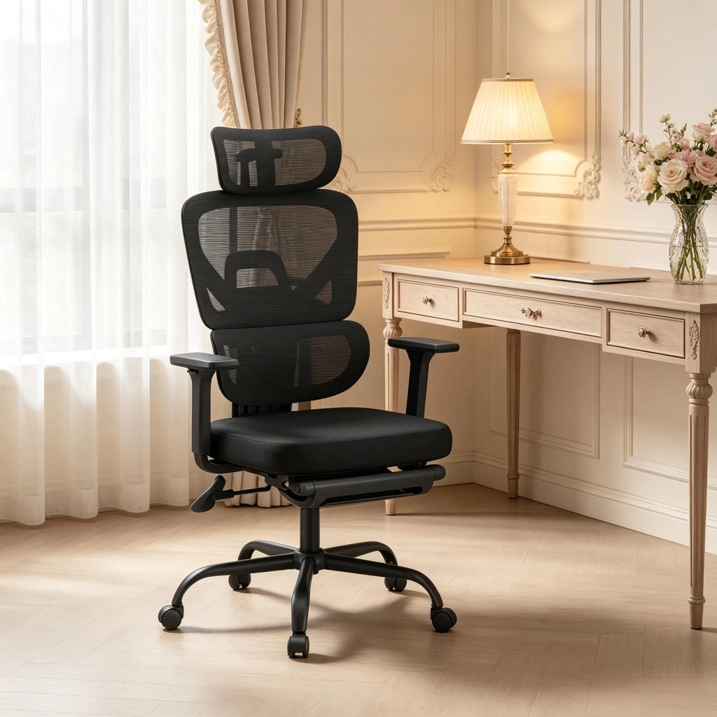 Sedia da ufficio ergonomica girevole con schienale regolabile poggiapiedi pieghevole e braccioli 3D in rete nera