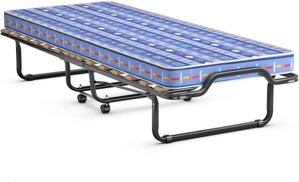 Letto Brandina Pieghevole, con Materasso in Memory Foam, Struttura Resistente e 4 Ruote Girevoli, Lettino Pieghevole, 200 x 80 x 40cm, Made in Italy (Blu)