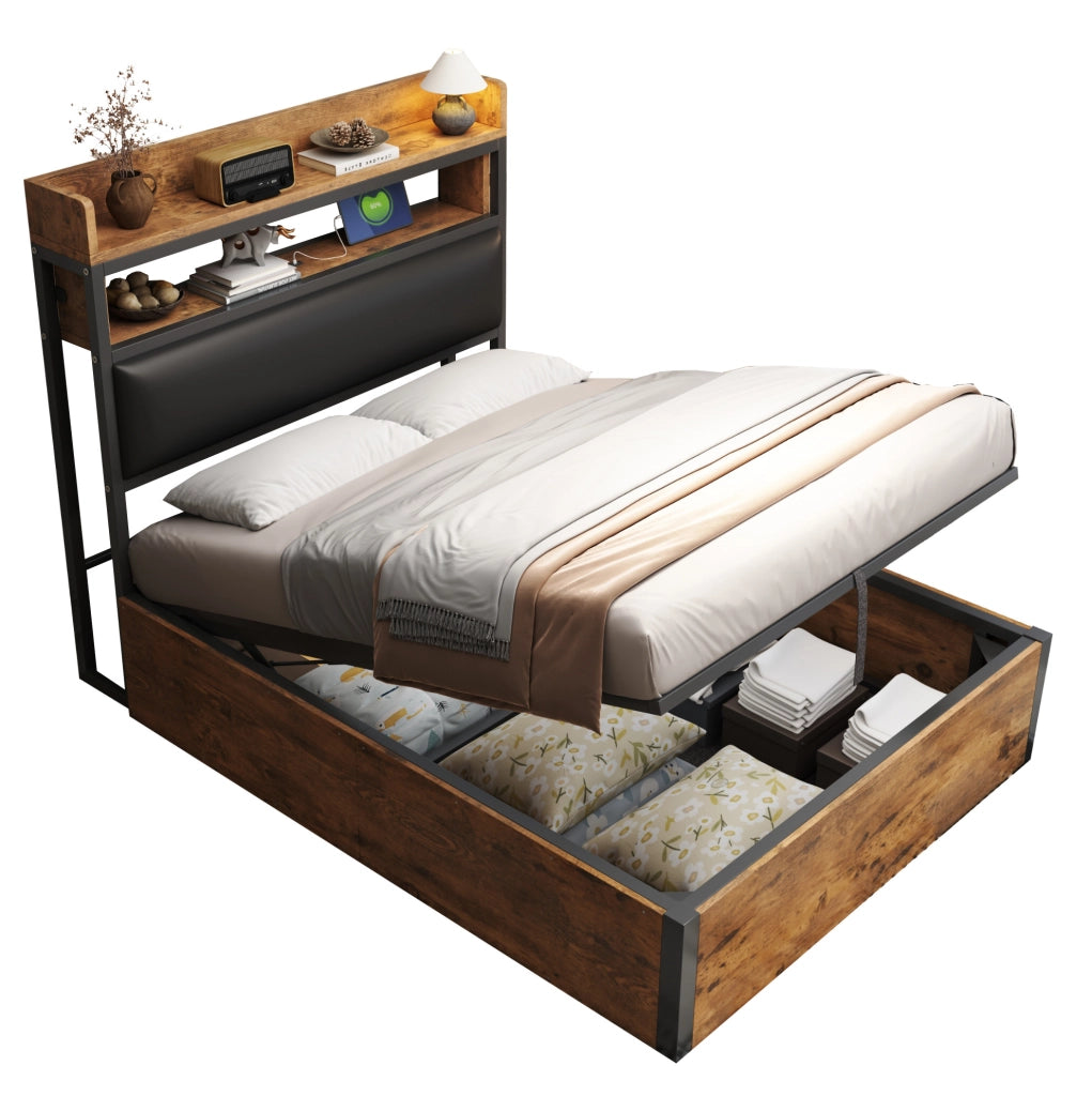 Letto contenitore 90x200 con sollevamento idraulico, USB e testiera imbottita