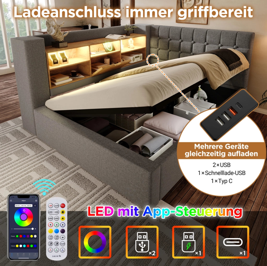 Letto matrimoniale 140x200 con LED, ricarica USB e materasso