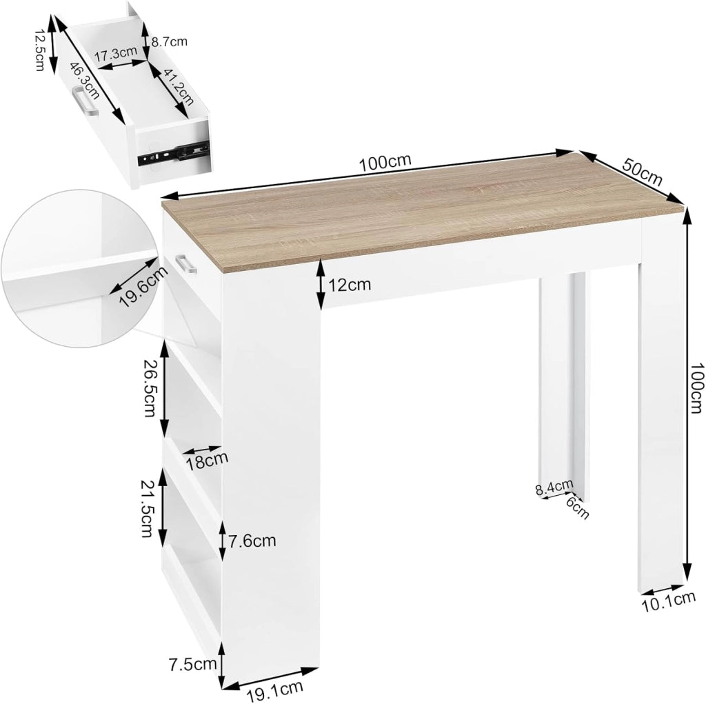 Set di Tavolo da Bar con 2 Sgabelli da Bar, Set Mobili da Bar Set di Sedie da Pranzo con Tavolino & Set di 2 Sgabelli da Bar, Bianco+Rovere Chiaro