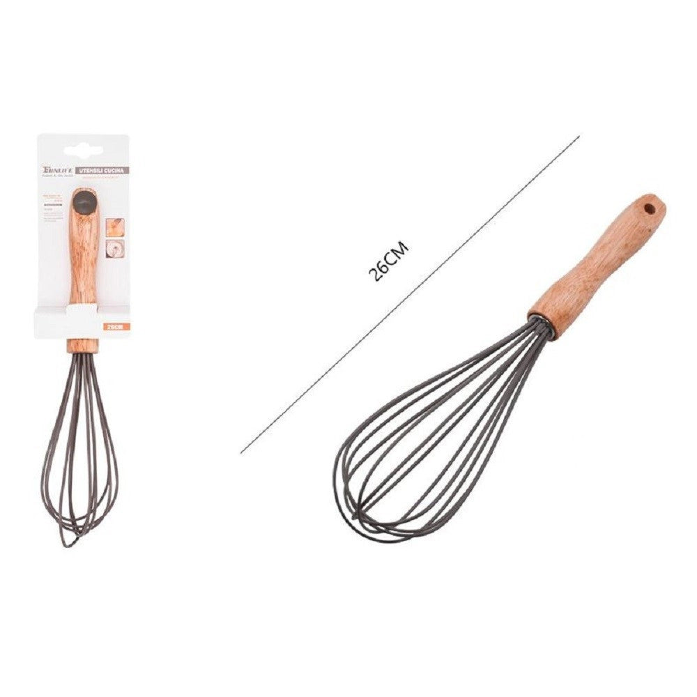 Trade Shop - Sbattiuova Frusta 10" Sbatti Uova In Silicone Manico Legno 26 Cm Da Cucina 50739 -