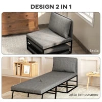 Poltrona Letto con Cuscino e Copertura Protettiva, in Tessuto Effetto Lino e Metallo, 66x70x74 cm, Grigio