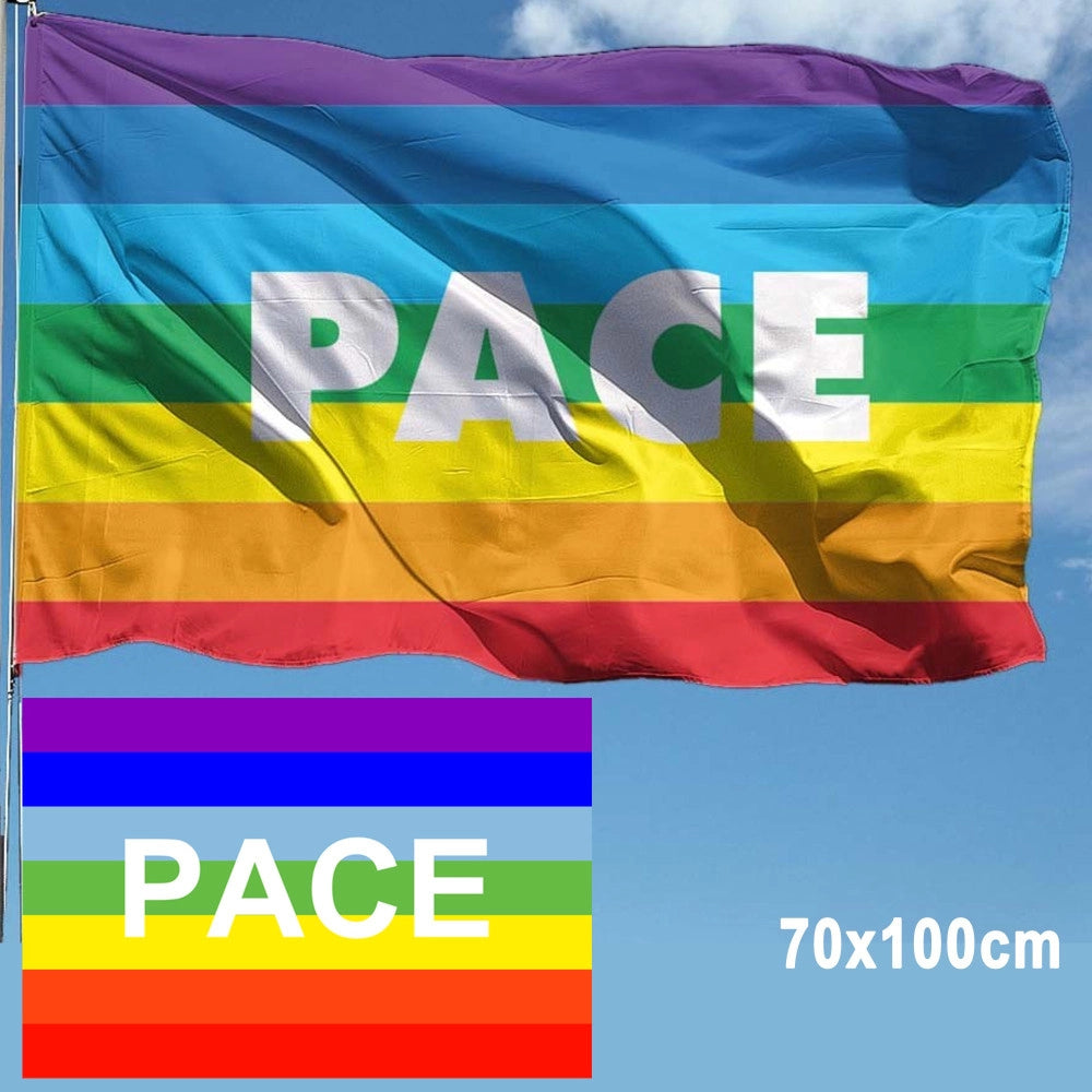 Trade Shop - Bandiera Della Pace 70x100cm Arcobaleno Con Asola Laterale Da Bastone In Tessuto -
