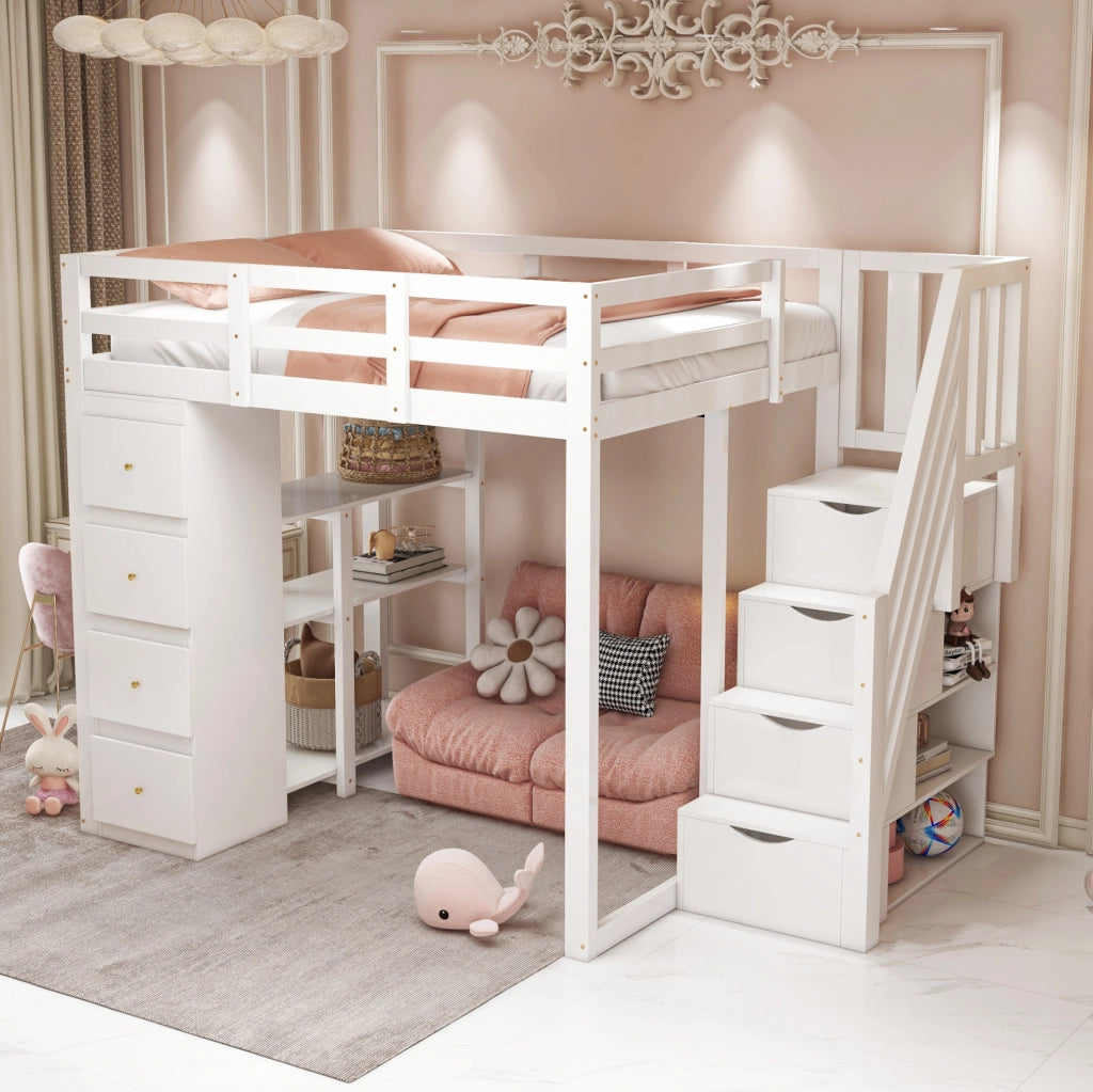 Letto a soppalco in legno massiccio 140x200 cm con cassetti e scala di sicurezza bianco