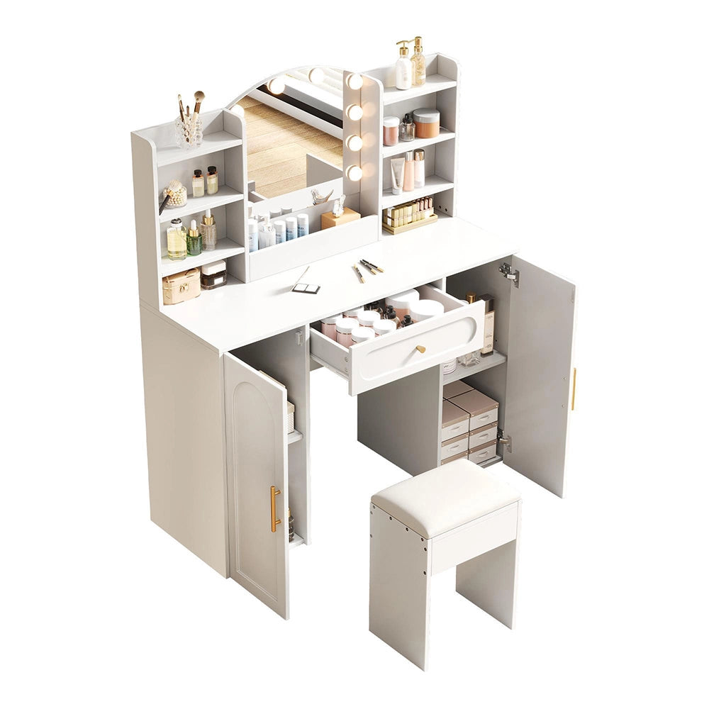 Toilette grande con illuminazione LED regolabile, specchio e sgabello - Xylo - 110x40x132 cm, bianco, 1 cassetto e 2 ante
