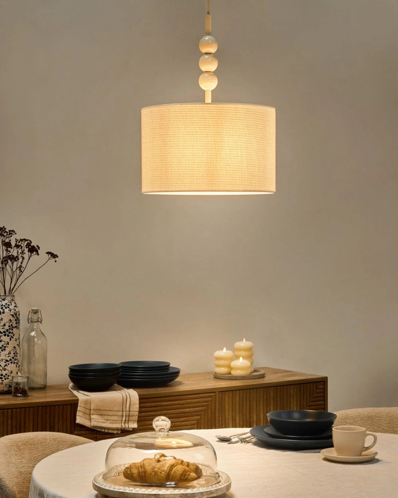 Lampada a sospensione in metallo con paralume a tamburo in tessuto stile bianco Stile moderno di metà secolo