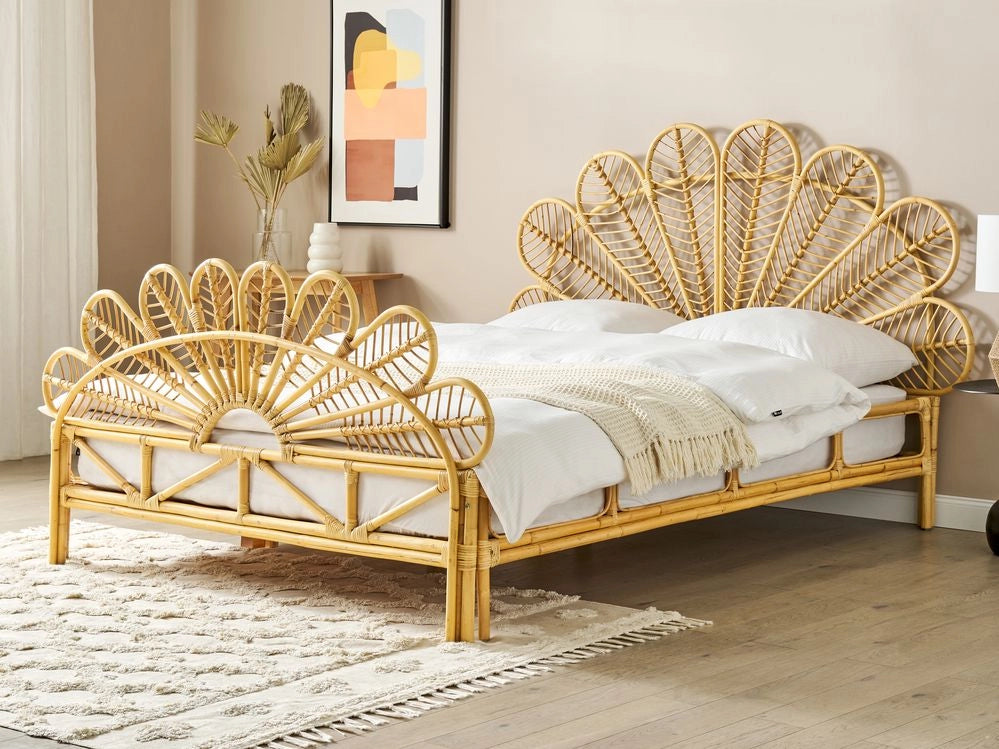 Letto matrimoniale in rattan con rete in legno chiaro e pannello intrecciato 160 x 200 cm camera da letto stile boho