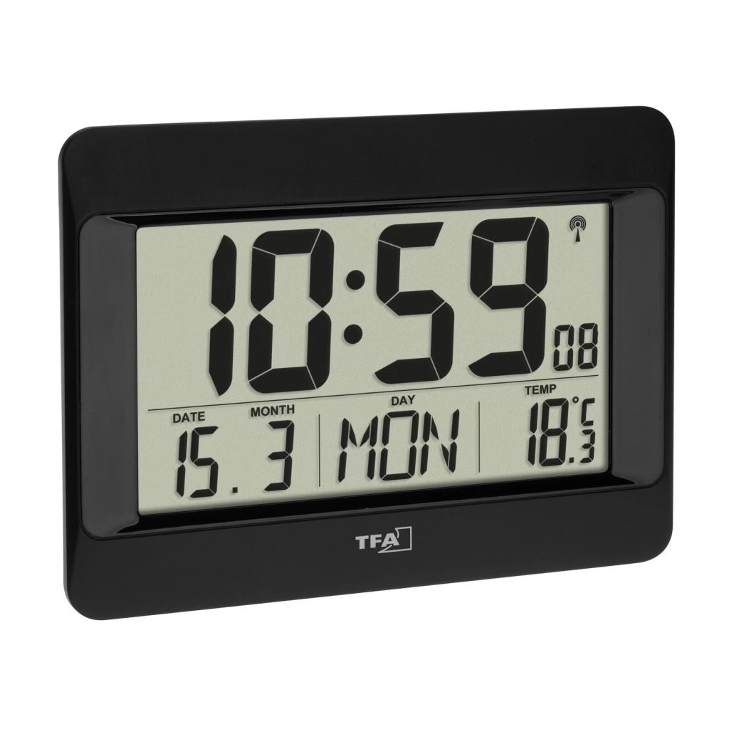 TFA Dostmann 60.4519.01 Orologio da Parete Digitale Radiocontrollato Termometro Sveglia Giorno Settimana 8 Lingue colore Nero
