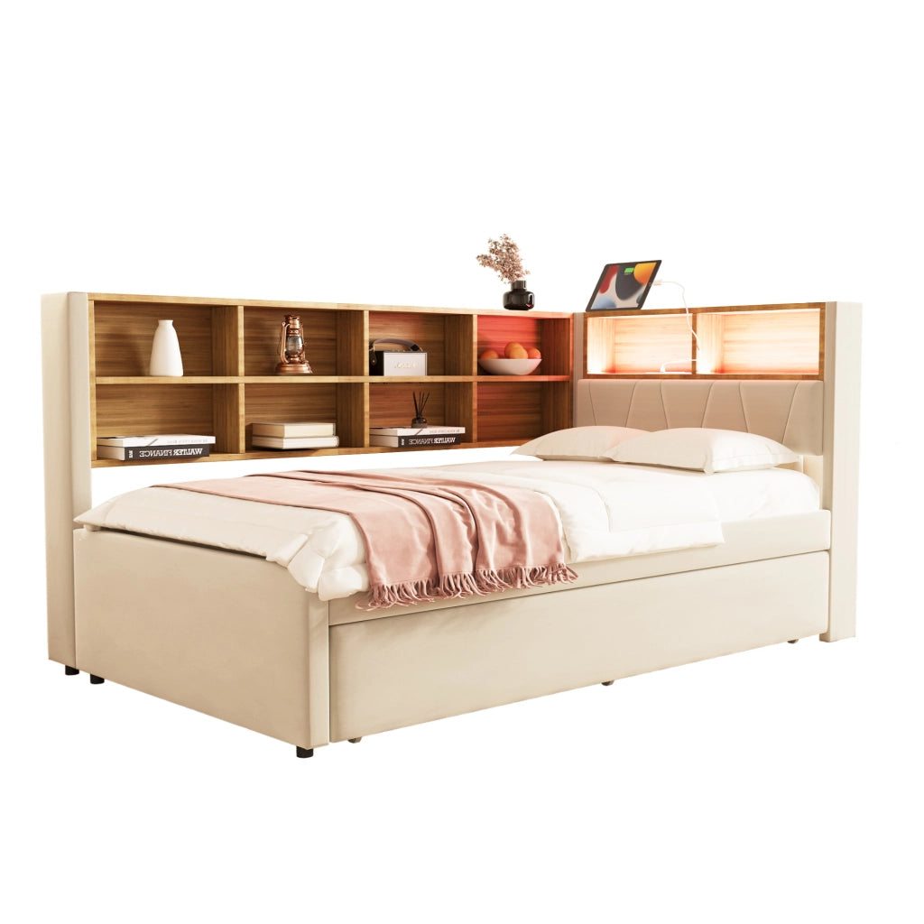 Divano letto multifunzione 90x200 cm con letto estraibile 90x190 cm; LED; beige