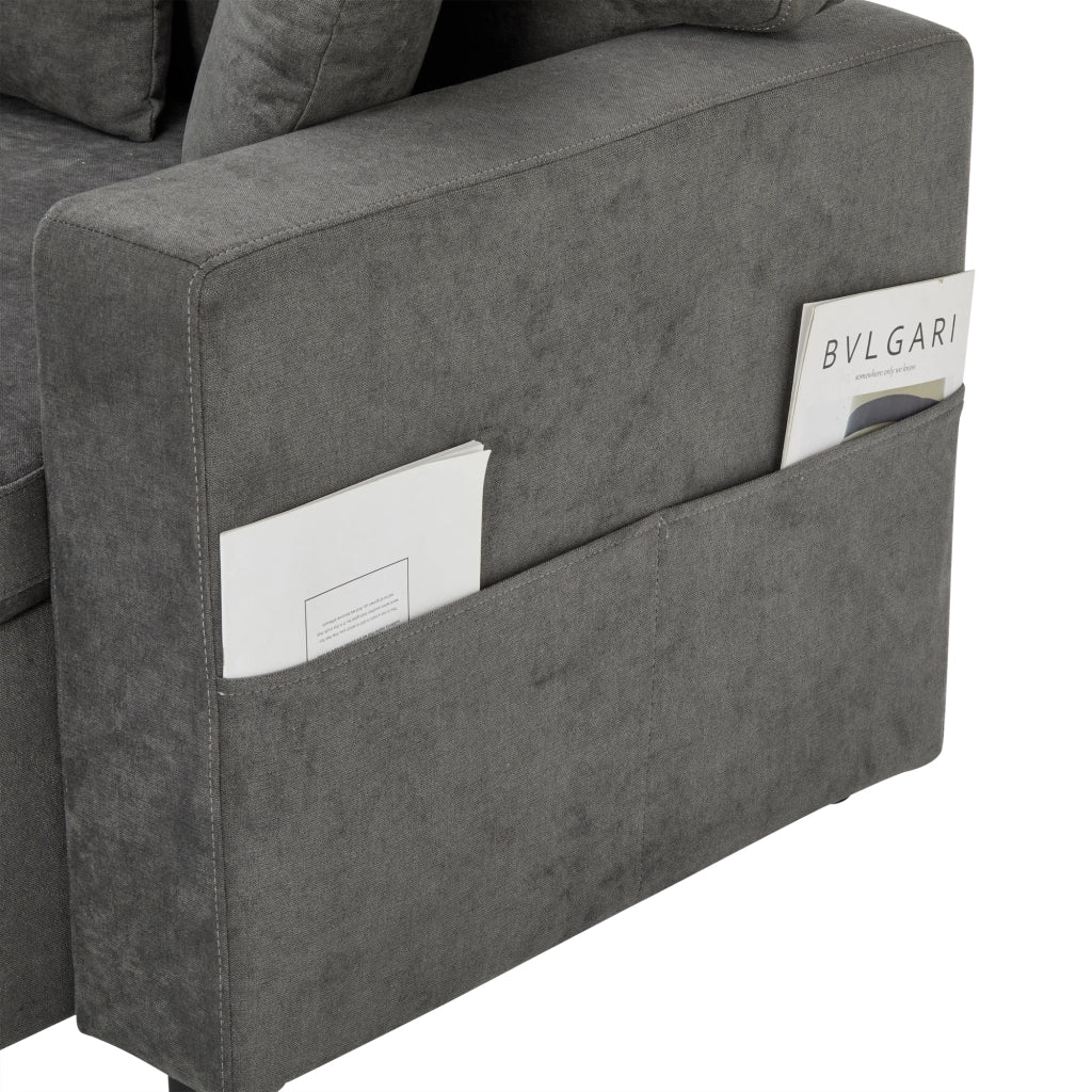 Divano angolare letto 4 posti - con USB; contenitore e 3 cuscini - in tessuto - grigio scuro
