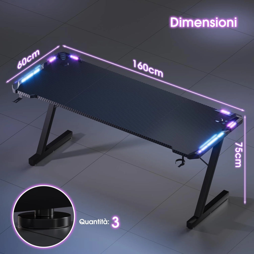 160 x 60cm Scrivania Gaming LED, Tavolo Gaming Ergonomica, Scrivania per Computer con Porta Bicchiere e Ganci per Cuffie, Postazione con Piano del Tavolo in Fibra di Carbonio, Nero