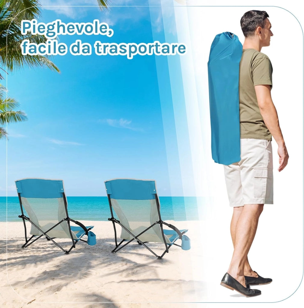 Sedia da Spiggia/Campeggio Bassa Pieghevole Set di 2, Sedia Portatile da Esterno Leggera con Schienale in Rete Traspirante, Portabicchieri, Borsa di Trasporto, Blu