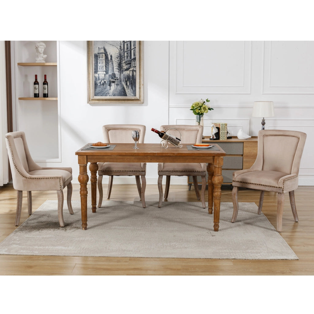 Sedia da Pranzo Imbottita in Velluto con Gambe in Legno Massello ¨C Xylo ¨C Beige, Set 4 Pezzi