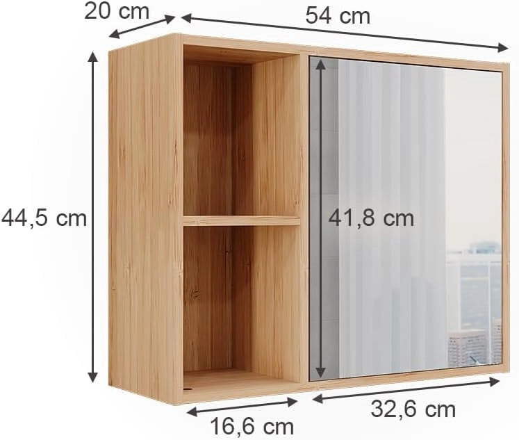 Mobile a specchio per il bagno Lucie, Bambù, 54 x 44.5 cm con specchio, adatto per la conservazione salvaspazio di accessori da bagno