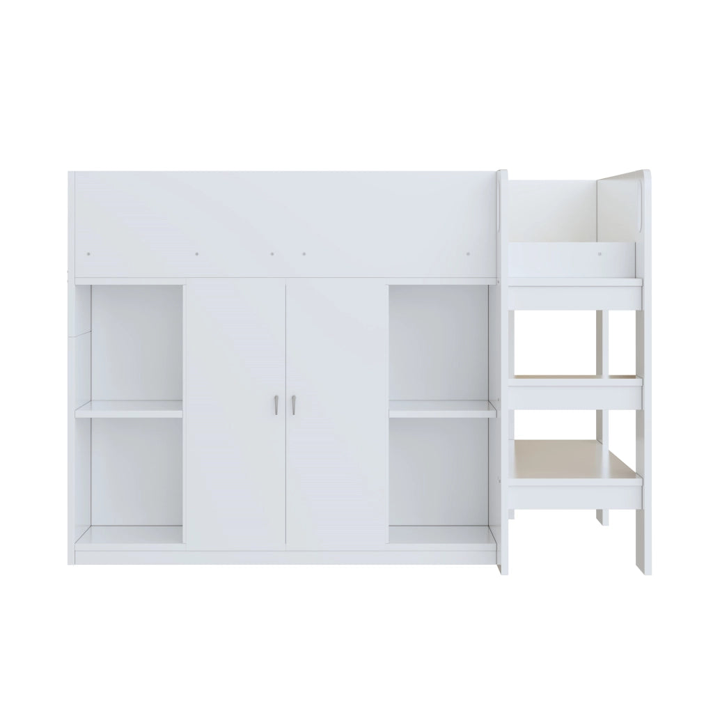LETTO A CASTELLO 90 x 200 cm con scala, armadio e ripiani, bianco