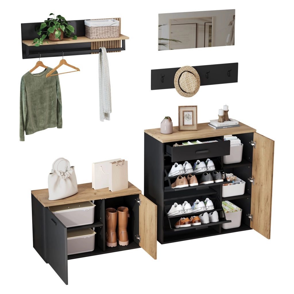 Mobili da ingresso set a 2 armadi con specchio 4 ganci e scarpiera ribaltabile in truciolare nero e naturale