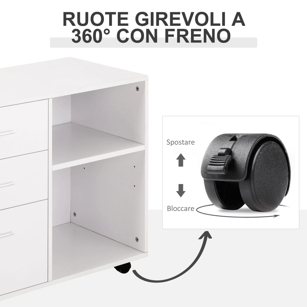 EasyComfort Mobile Porta Stampante con 3 Cassetti in Legno, Mobile Ufficio Multiuso con 4 Ruote e Ripiani Aperti, 80x40x65cm, Bianco