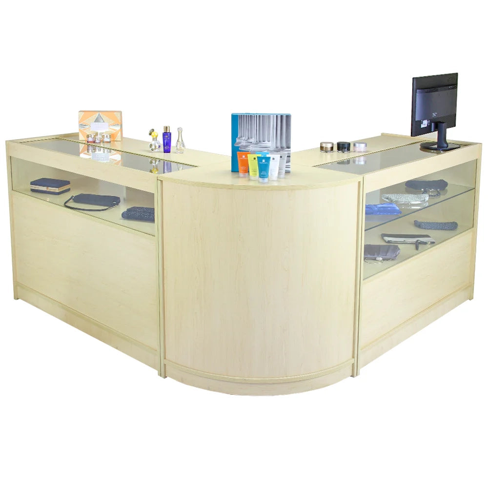 Set Leo con 3 Banconi da Negozio e Reception con Finitura in Acero Laminato