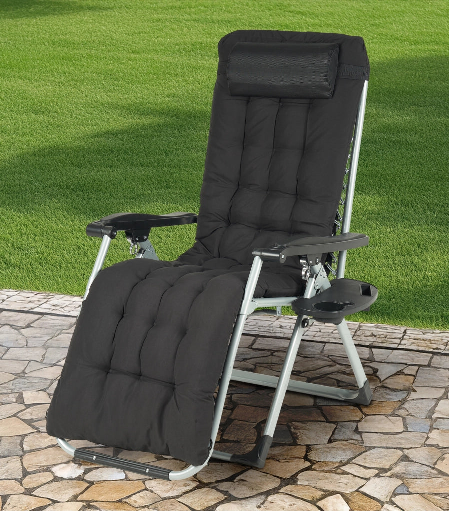 Sedia Sdraio Reclinabile Per Giardino Poltrona Pieghevole Relax Prendisole Lettino Con Cuscino Imbottito E Portabicchiere Patio Campeggio Spiaggia Con Cuscino Regolabile Nero