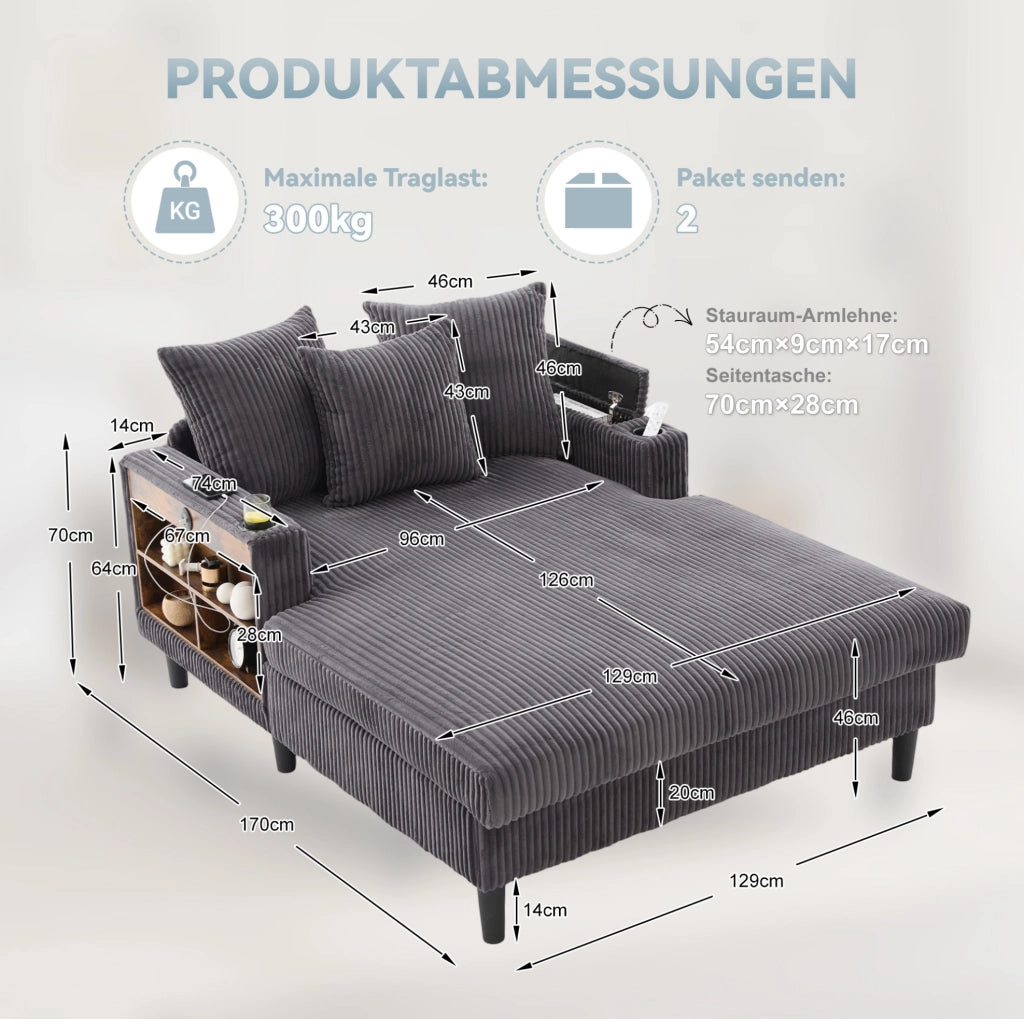 Chaise longue in velluto a coste grigio scuro con LED e USB