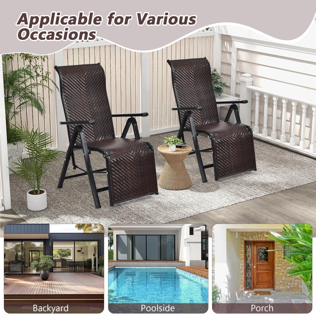 Sdraio da Giardino, Sdraio Pieghevole In Rattan PE Con Schienale E Molle Regolabili, Struttura In Metallo Resistente, Ideale Per Patio, Piscina E Balcone, Marrone