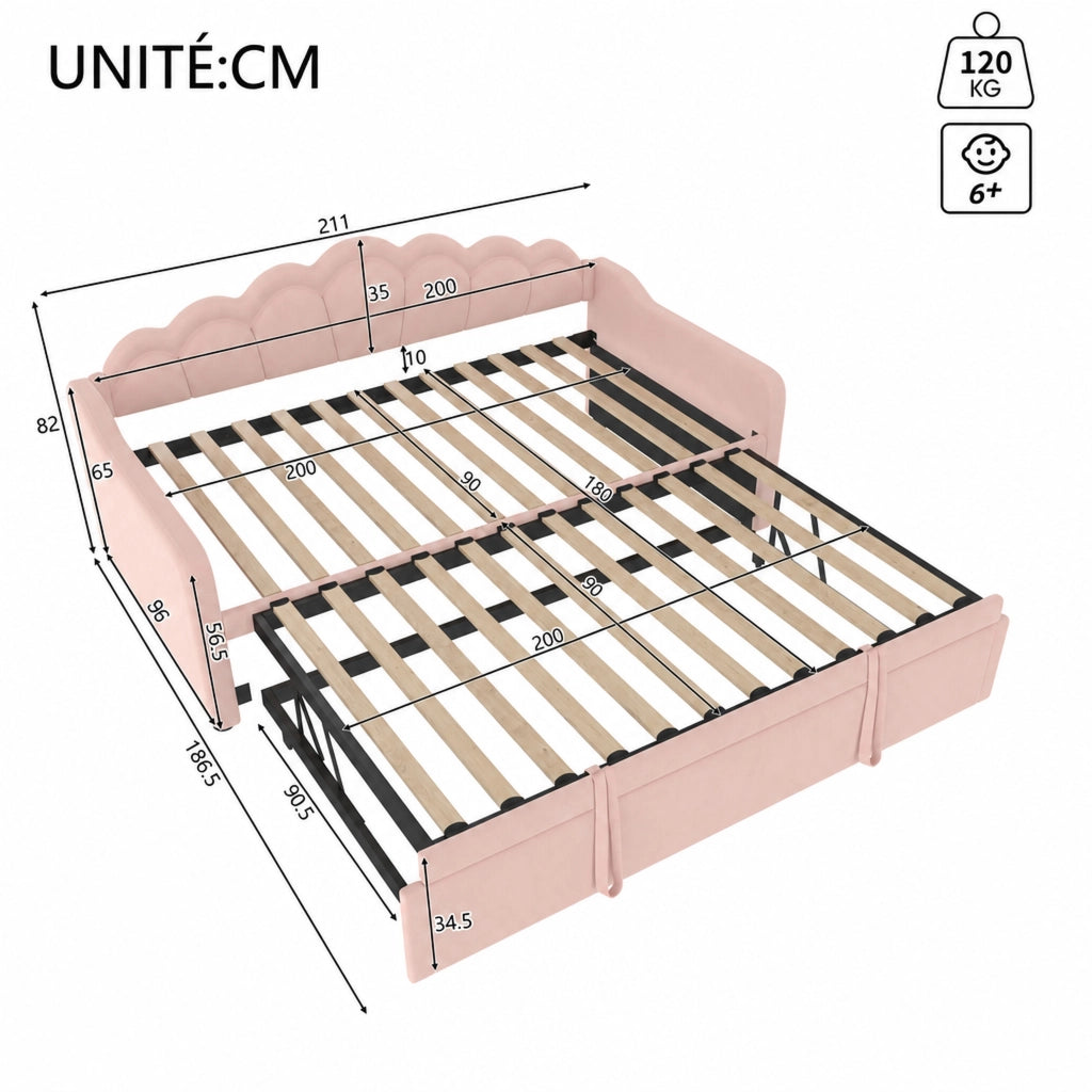 Letto estraibile 90 × 200 cm con secondo letto, LED regolabili, senza materasso, in velluto rosa