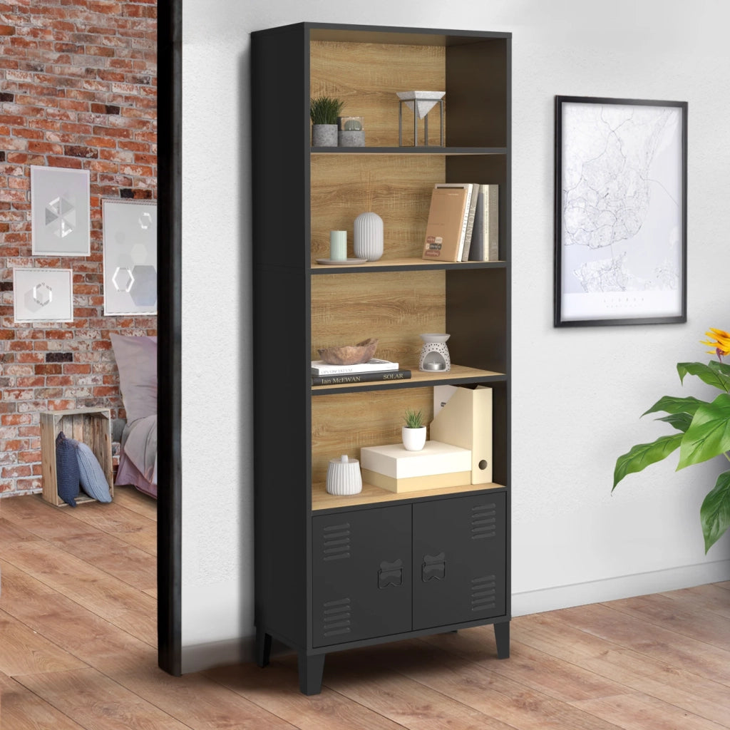 IDMarket - Libreria a 4 livelli con armadio ESTER con ante in metallo nero e piano in legno dal design industriale