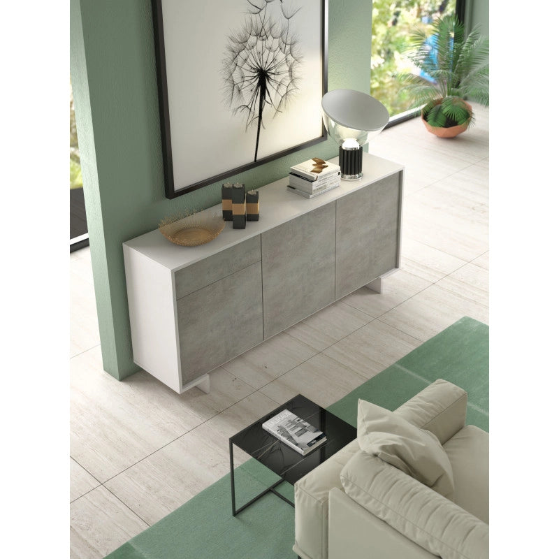 Madia Frame 3 ante con cassetto push to open bianco e cemento 170x42x78 cm - Terraneo