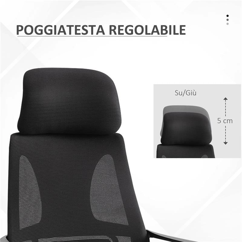 SEDIA DA UFFICIO RECLINABILE CON POGGIATESTA E SUPPORTO LOMBARE IN POLIESTERE 64X55X116-126 CM NERO