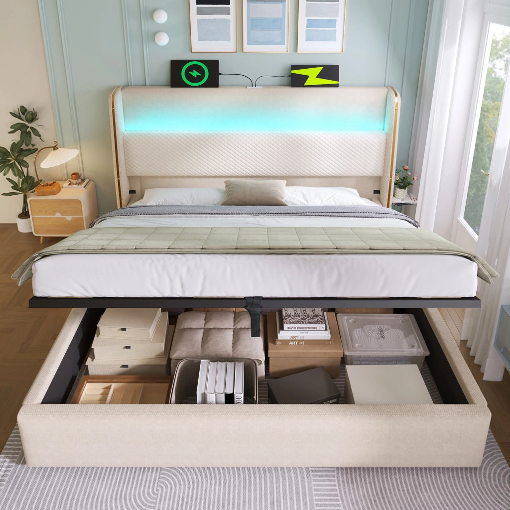 DESMIU Letto contenitore 160 × 200 cm 2 posti con LED, USB e Type-C, materasso incluso, tessuto beige