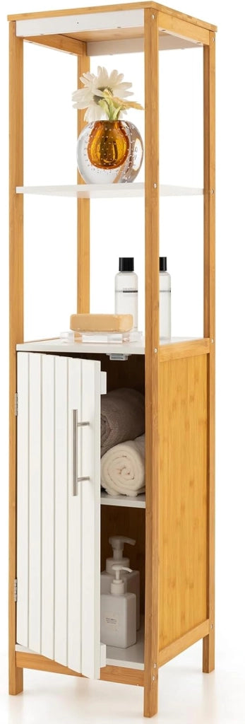 Armadio da bagno in bambù, mobile indipendente con porta, scaffale regolabile e ripiani aperti, torre della biancheria sottile e stretta, per bagno, ripostiglio, cucina