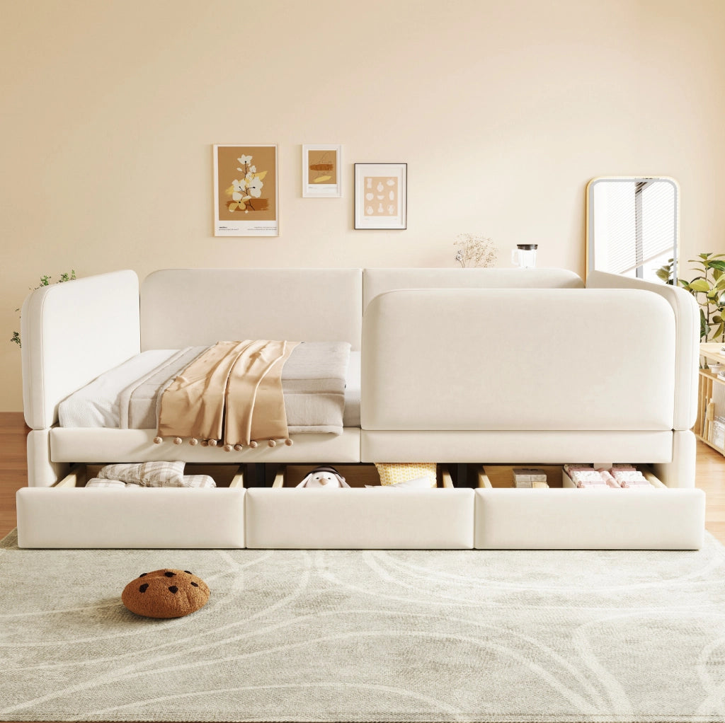Letto imbottito per bambini 140x200 cm in velluto beige con sponde imbottite e 3 cassetti
