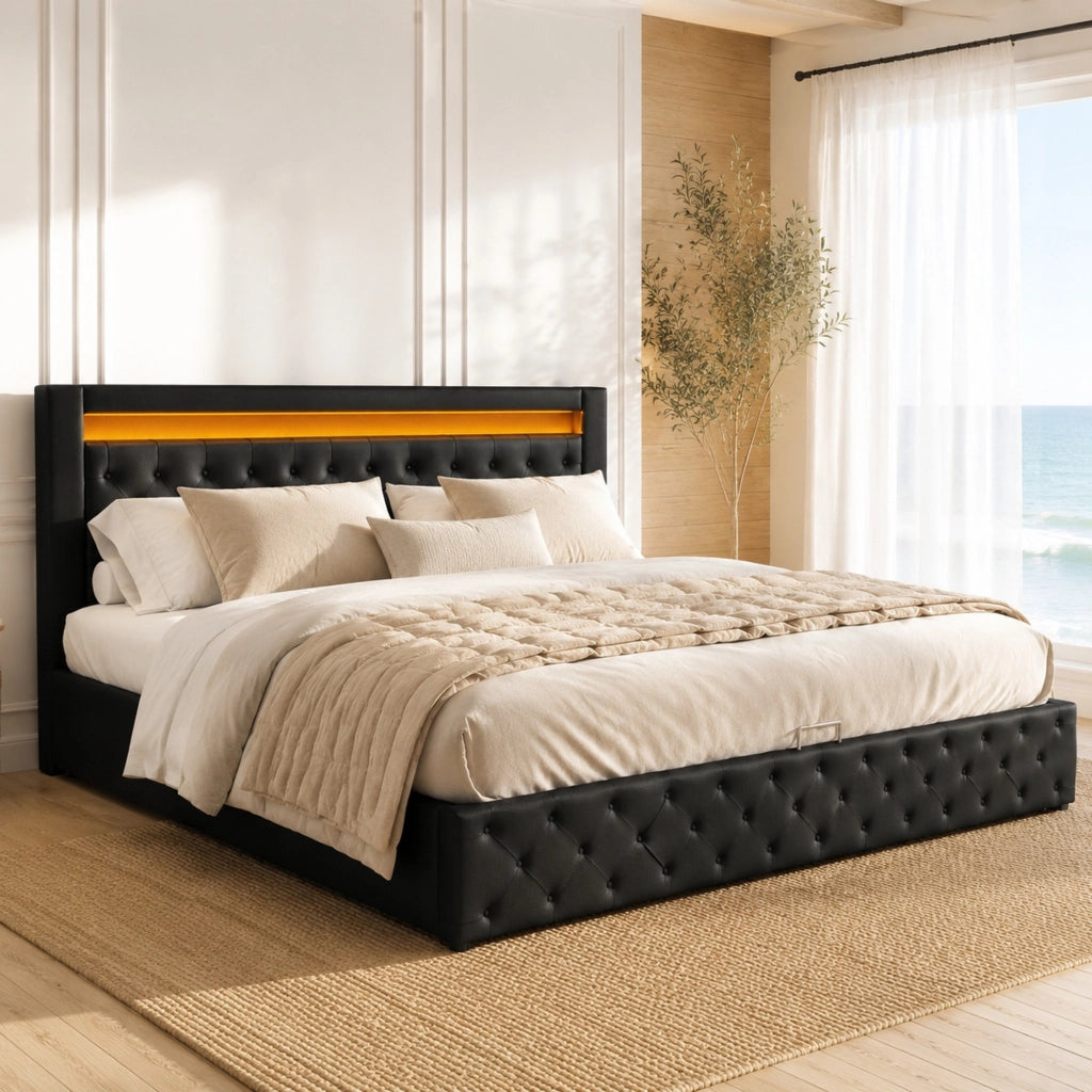 Letto imbottito matrimoniale 180x200 cm con LED, rete a doghe e vano contenitore, nero in PU