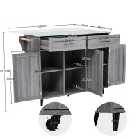 Carrello da Cucina Multifunzione con Tavolo Ribaltabile, Ripiani Interni e 5 Ruote, 2 Cassetti e Mobiletto Salvaspazio, 129x71x91,5 cm, Grigio