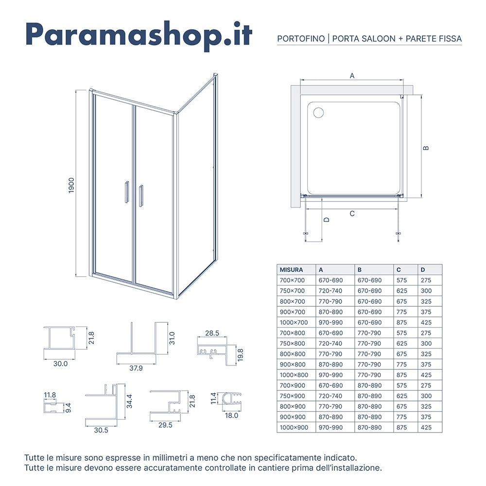 Box doccia slim 90x100cm con apertura saloon e parete fissa profili nero opaco e vetro 6mm trasparente h190| Portofino