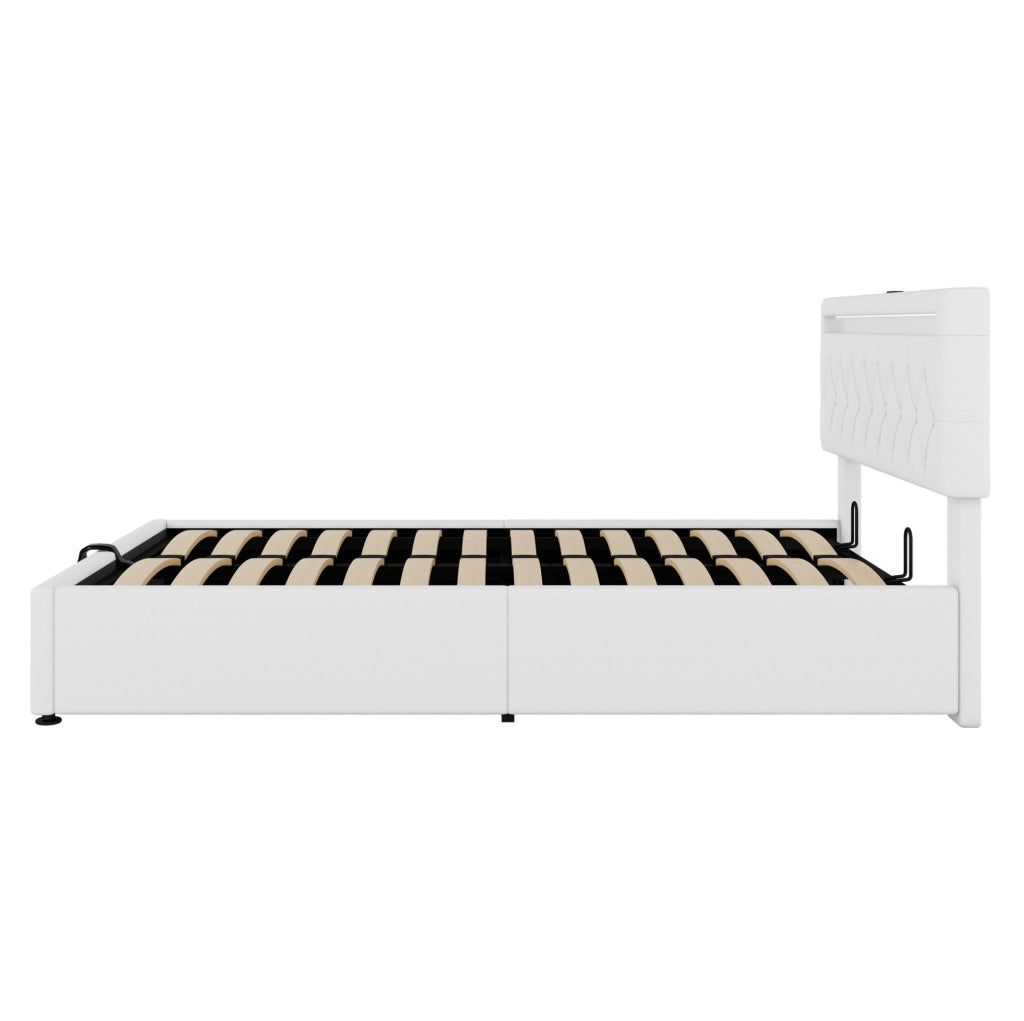 Letto imbottito 140x200 cm con contenitore; LED e porte USB/Type-C; bianco
