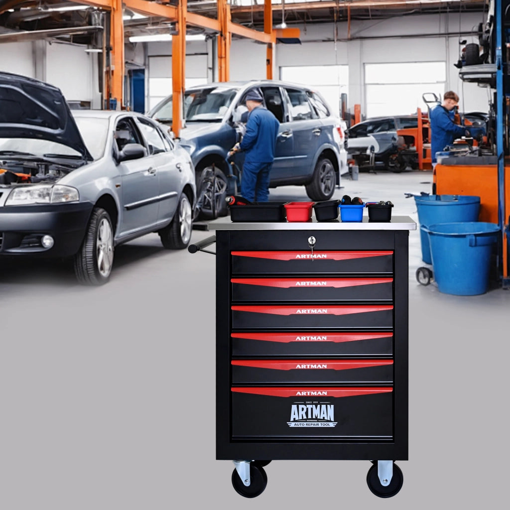 Mobile contenitore con 6 cassetti, ruote bloccabili e serratura, per garage e officina, in acciaio nero e rosso