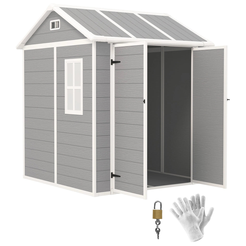 Casetta Box da Giardino 180x180 cm con Pavimento 2 Porte con Blocco e Finestra in Resina Grigio