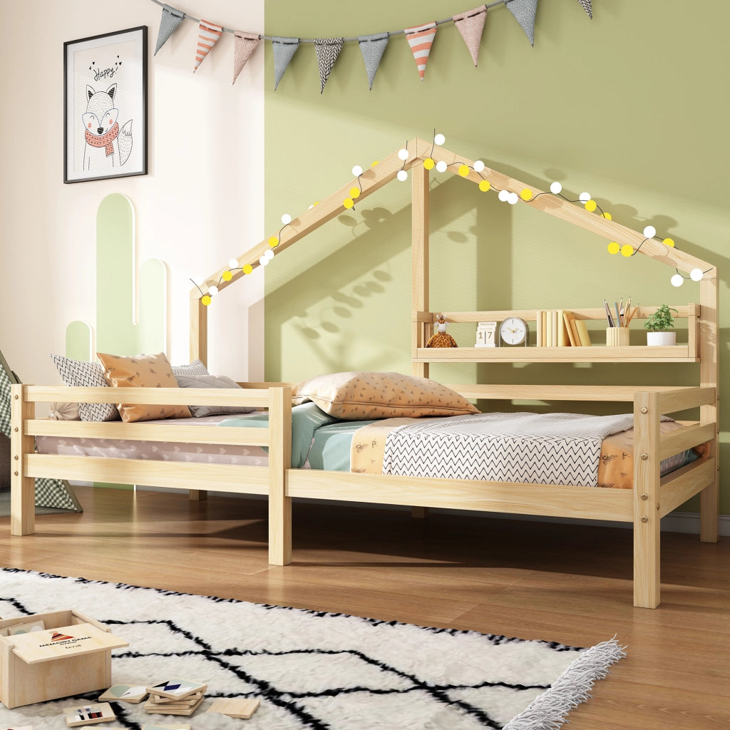 Letto per bambini 90 × 200 cm con libreria, barriera di sicurezza, senza materasso, in pino, naturale